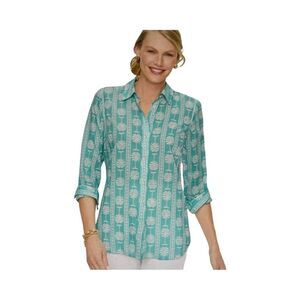 TALBOTS PALM PRINT SHIRT. AQUA.